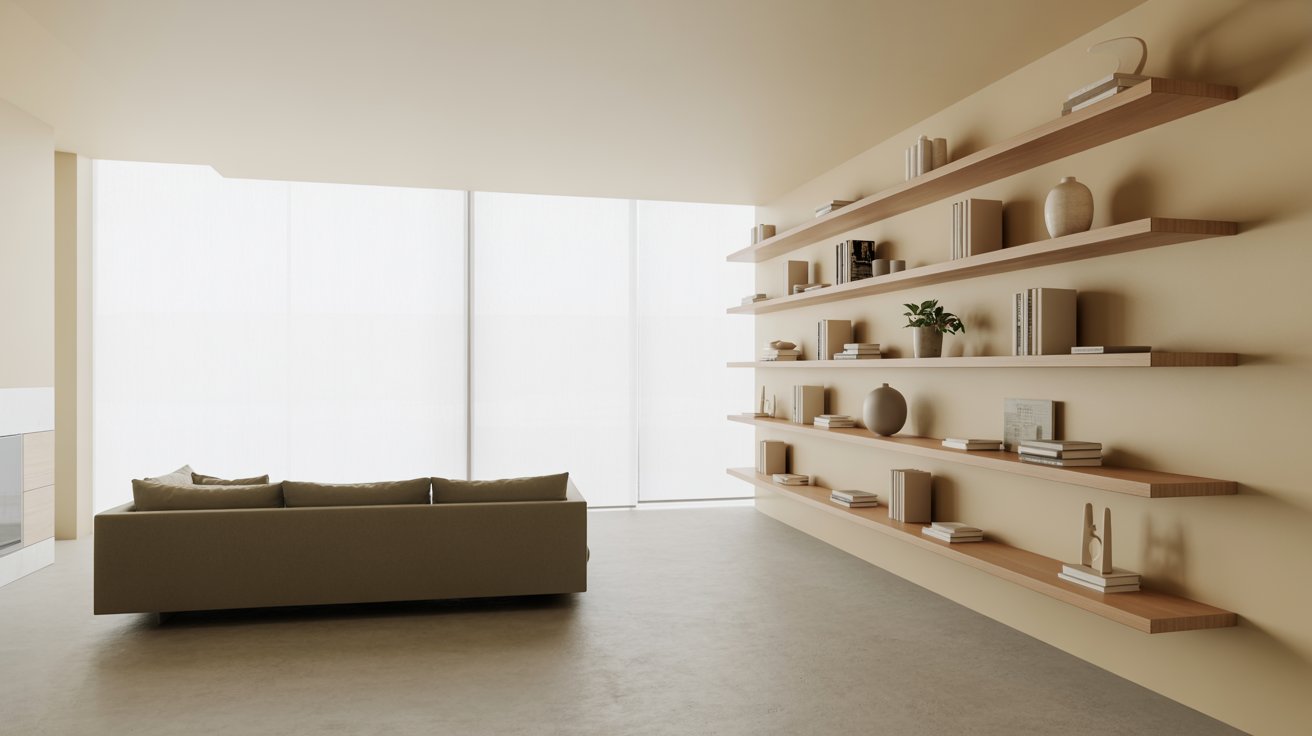 Small living room with floating wall shelves, minimal decor, clean space, bright modern aesthetic