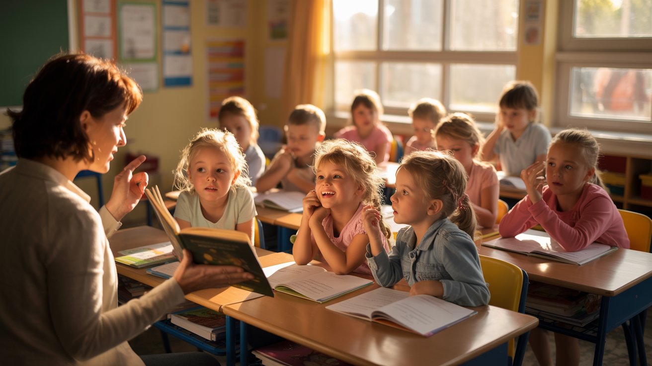 Students repeating reading after teacher in structured classroom learning activity.