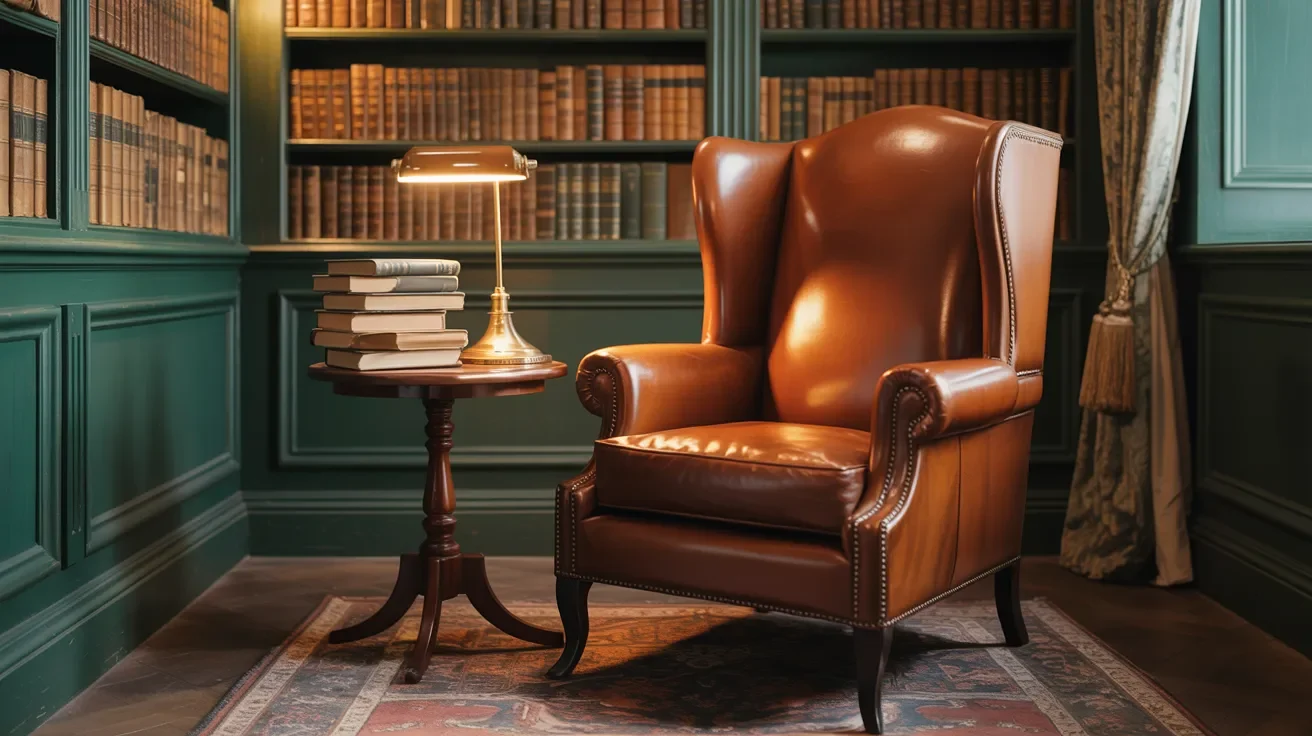 Leather reading chair in dark green home library with warm cozy lighting and bookshelves.
