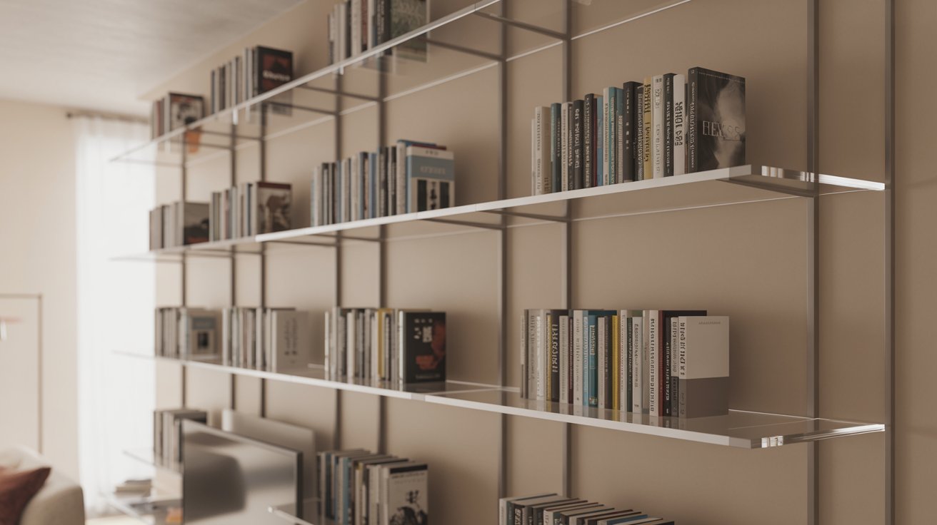 "Transparent acrylic shelves with books creating a floating effect in a clean, modern small home interior."