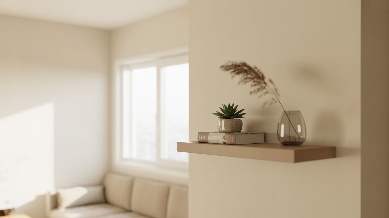 Small living room with single shelf, minimal decor, clean uncluttered calm interior design