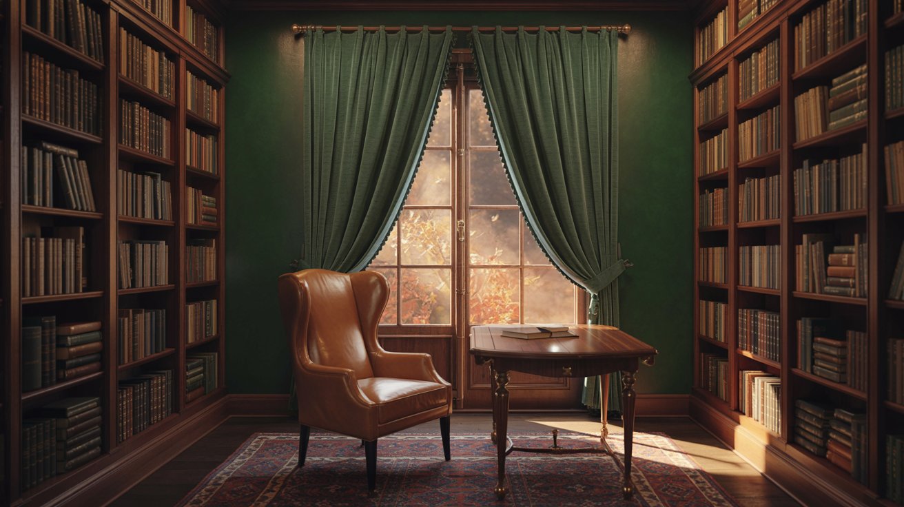 Dark green velvet curtains in home library creating a rich and cozy reading atmosphere.