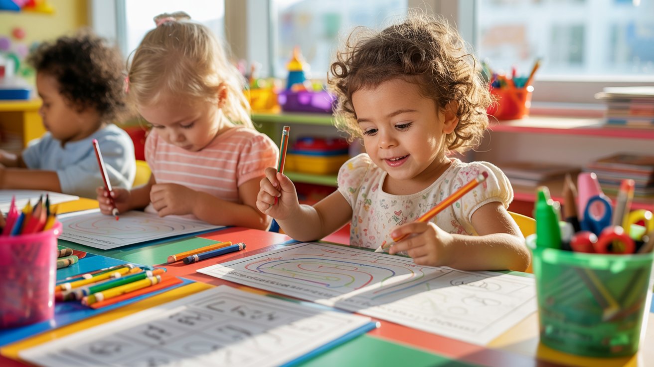 Kindergarten children trace shapes and letters on worksheets with crayons and pencils.