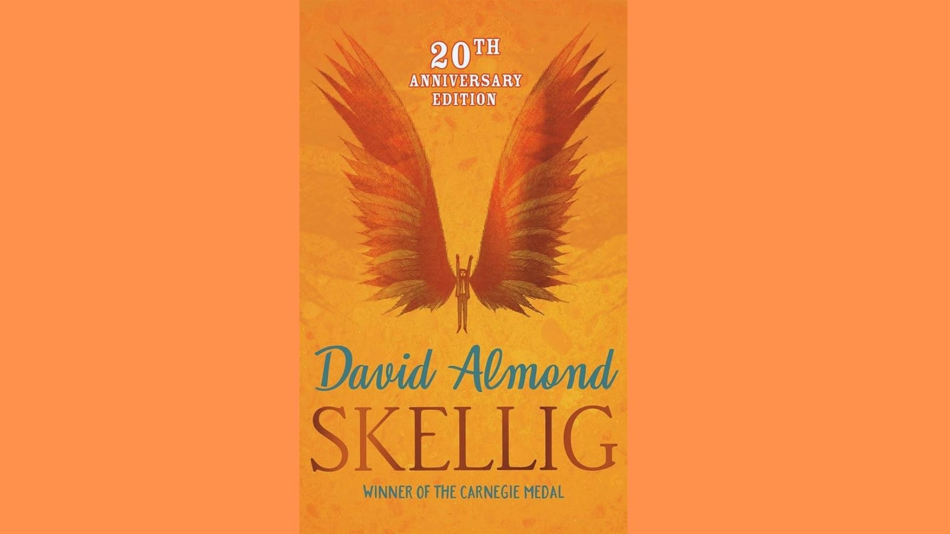 Skellig 20th Anniversary book cover with large orange wings illustration on textured yellow background.
