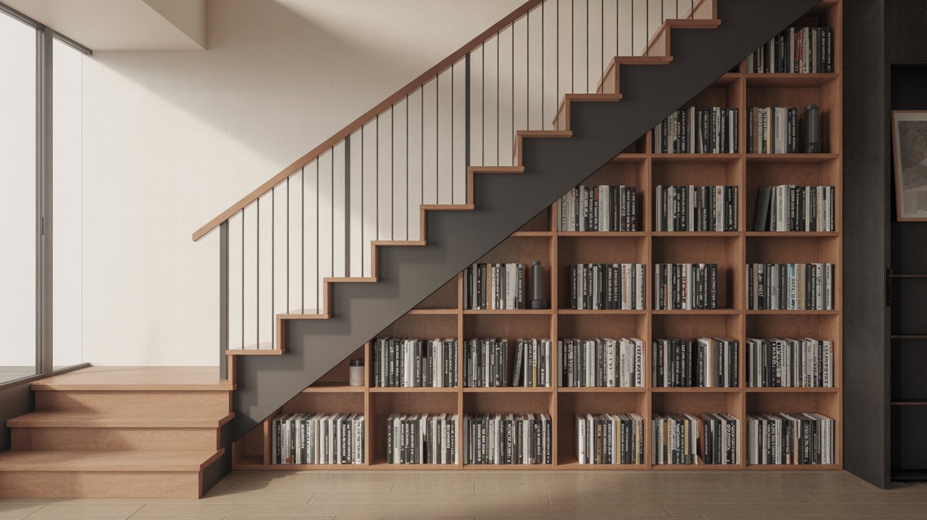 "Staircase with integrated bookshelf railing filled with books, combining functional storage and modern architectural design."