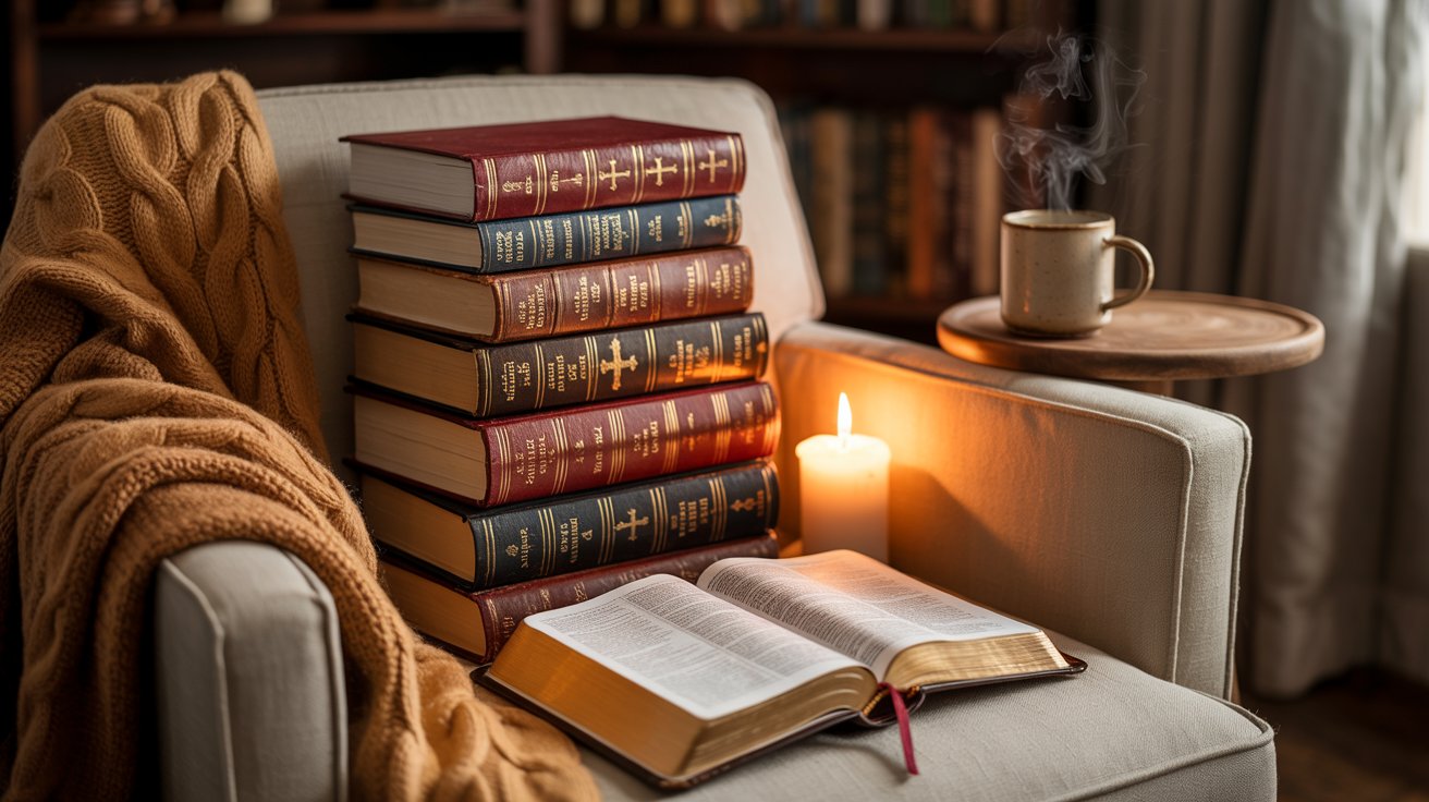 Christian books and open Bible beside candlelight in cozy peaceful home reading corner indoors