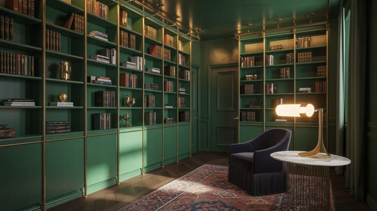 Dark green home library with gold metal shelving accents and warm elegant lighting.