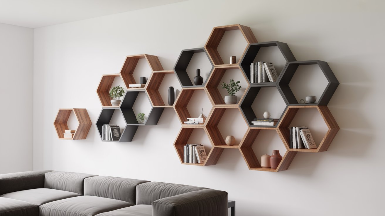 Small living room with geometric bookshelf, hexagon design, artistic modern storage solution