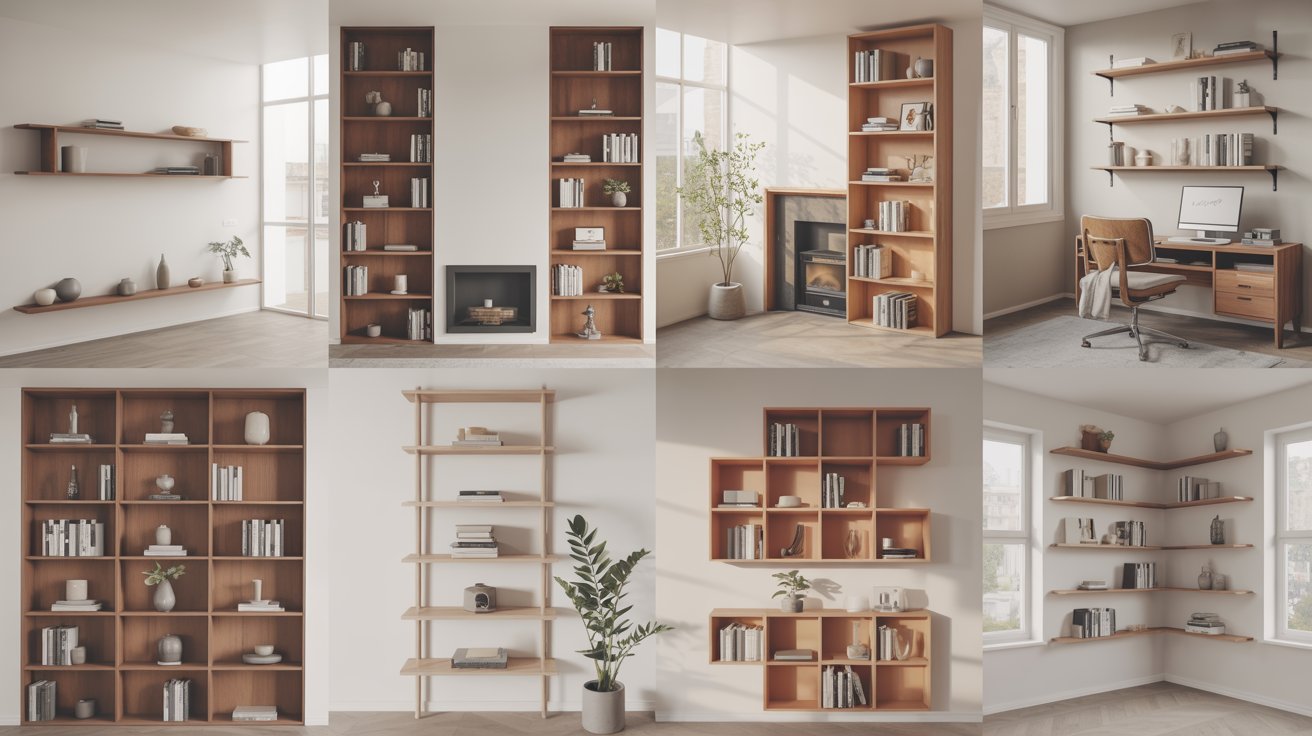Interior showing different bookshelf types highlighting storage styles space usage and clean organized design