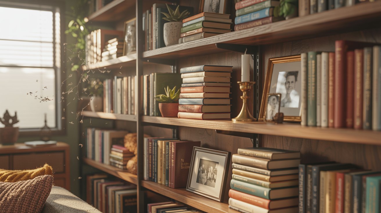 Small living room bookshelf with curated books, mixed display, cozy personalized interior design