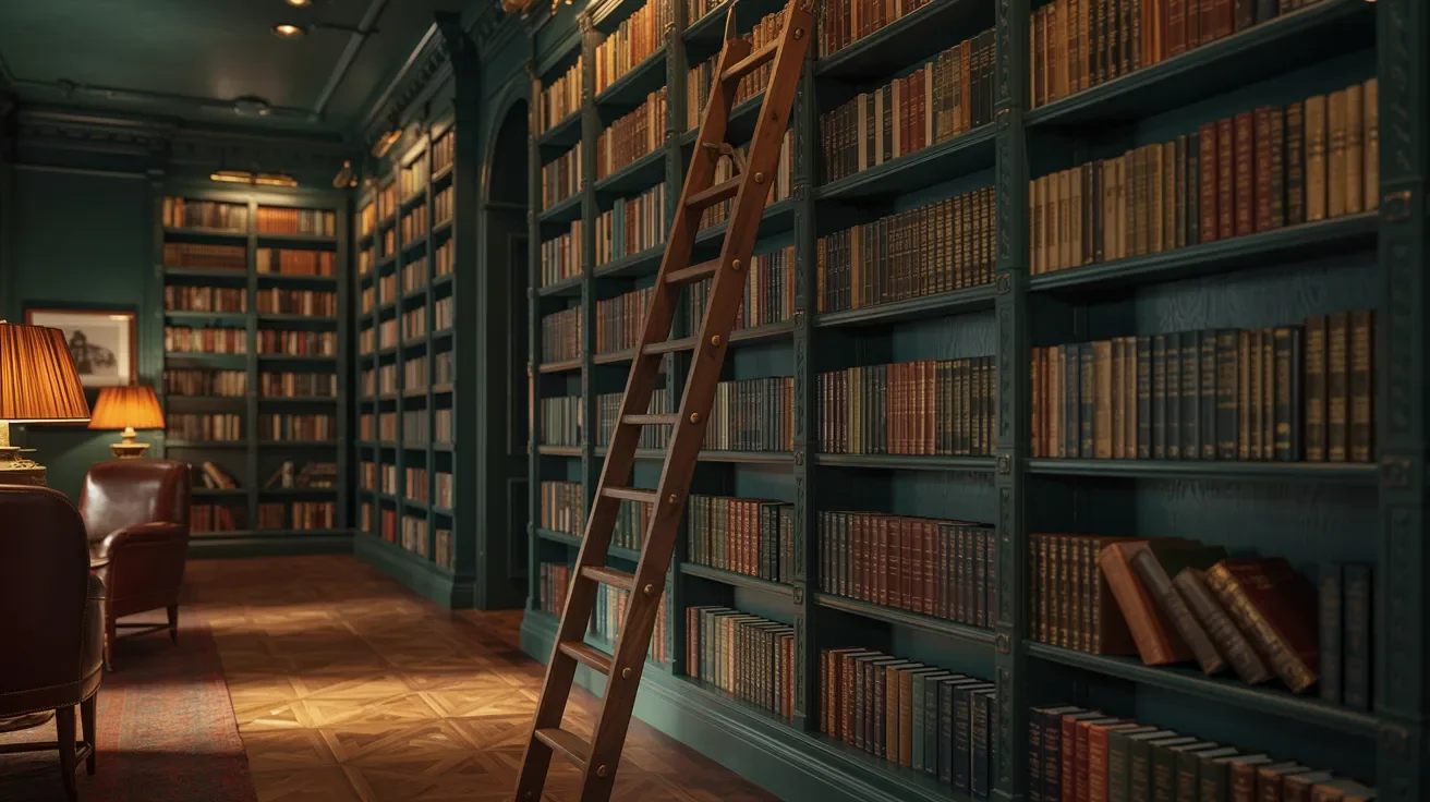 Library ladder on tall bookshelves in dark green home library with warm lighting.