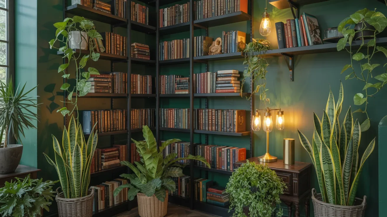 Indoor potted plants in dark green home library adding freshness and natural decor.