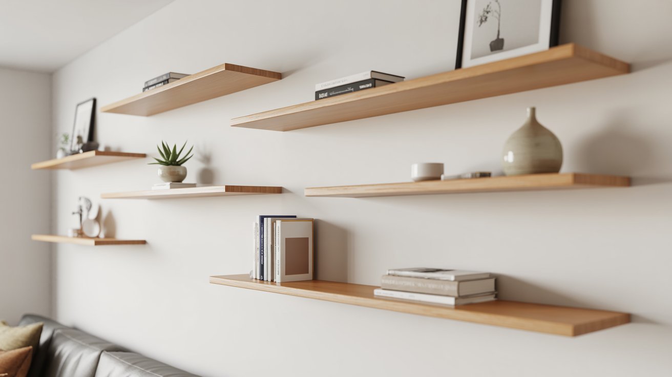 Small living room with stacked floating shelves, open design, minimal decor, airy modern feel