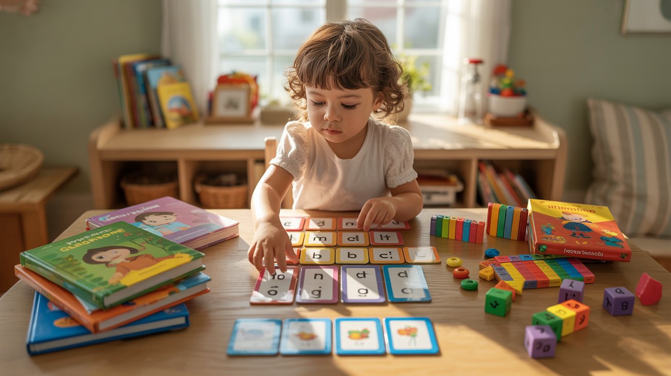 Child learning with colorful structured homeschool materials in a bright organized study space.