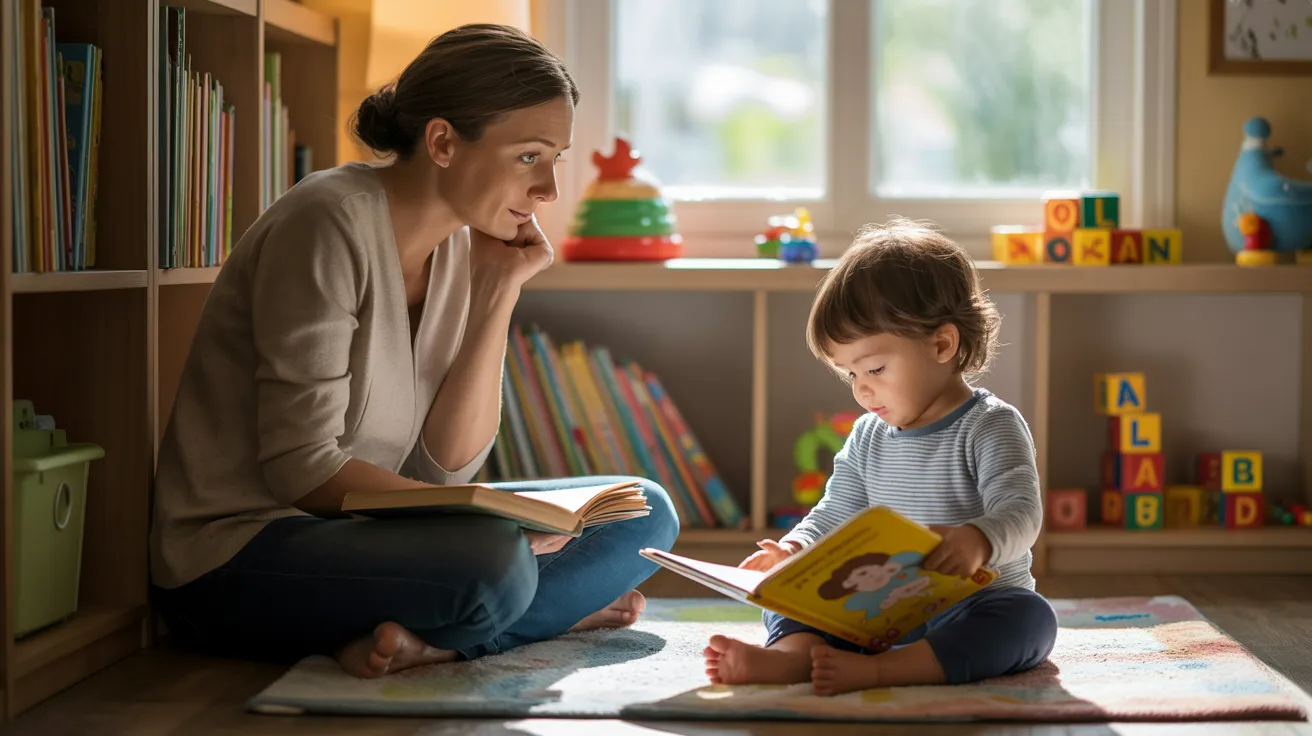 Parent thoughtfully observing child reading in cozy home learning space showing concern about reading age and readiness.