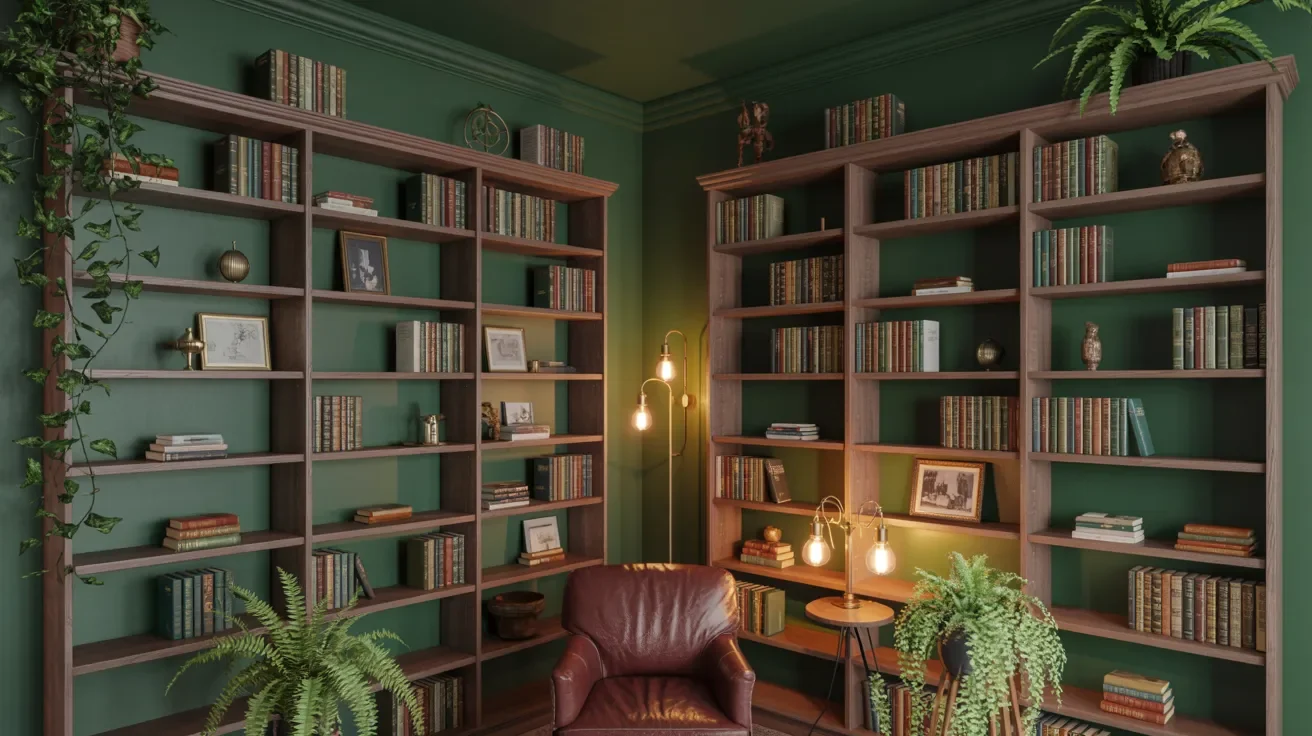 Home library with deep dark green walls, warm lighting, and wooden bookshelves filled with books.
