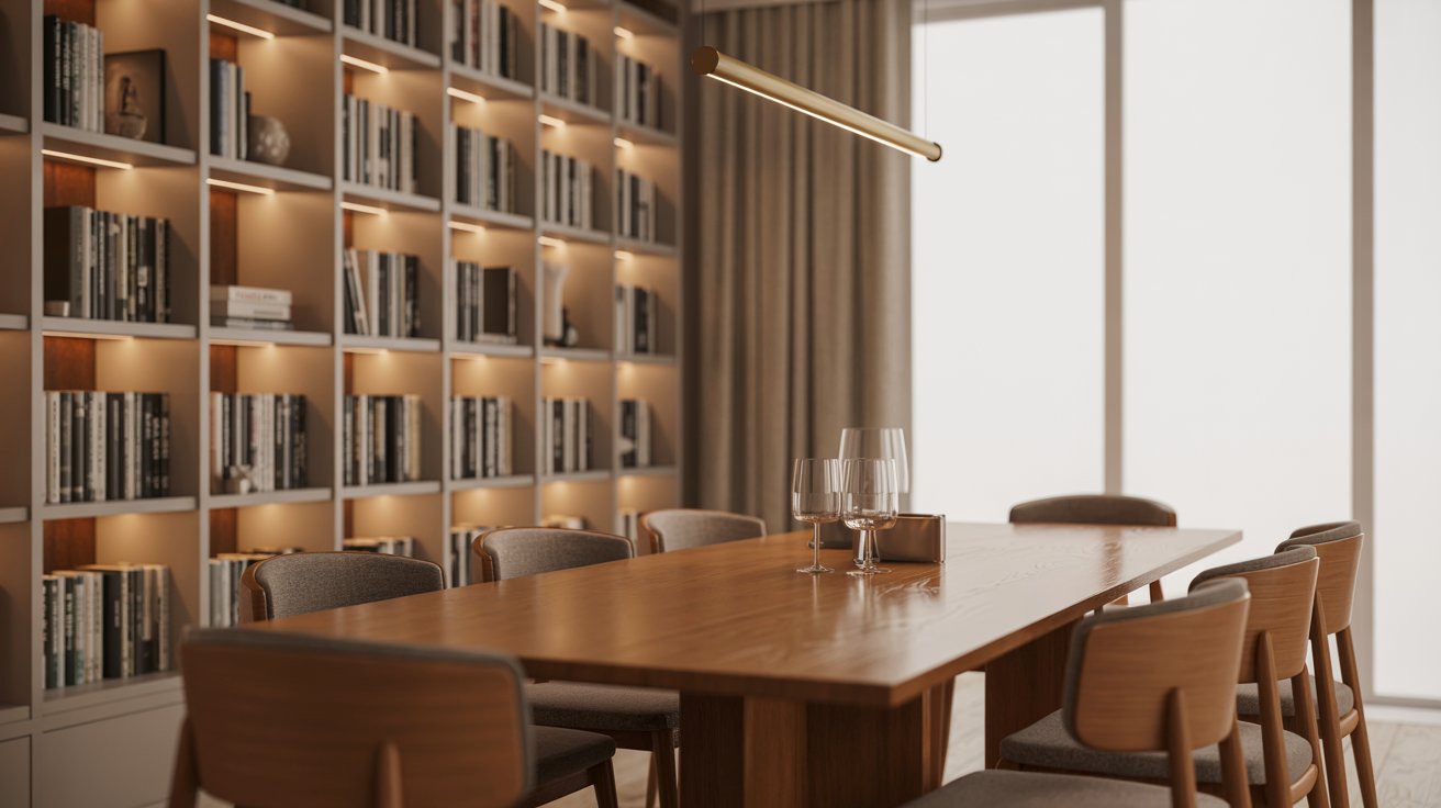 Functional library dining room with organized shelves, spacious table, clear layout, and layered lighting