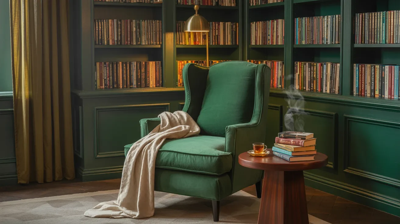 Dark green velvet armchair in cozy home library reading corner with warm lighting.