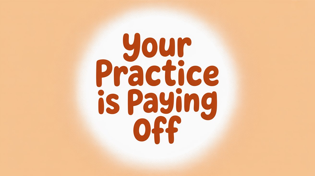 Warm brown text "Your Practice is Paying Off" inside a white glowing circle on a peach background.