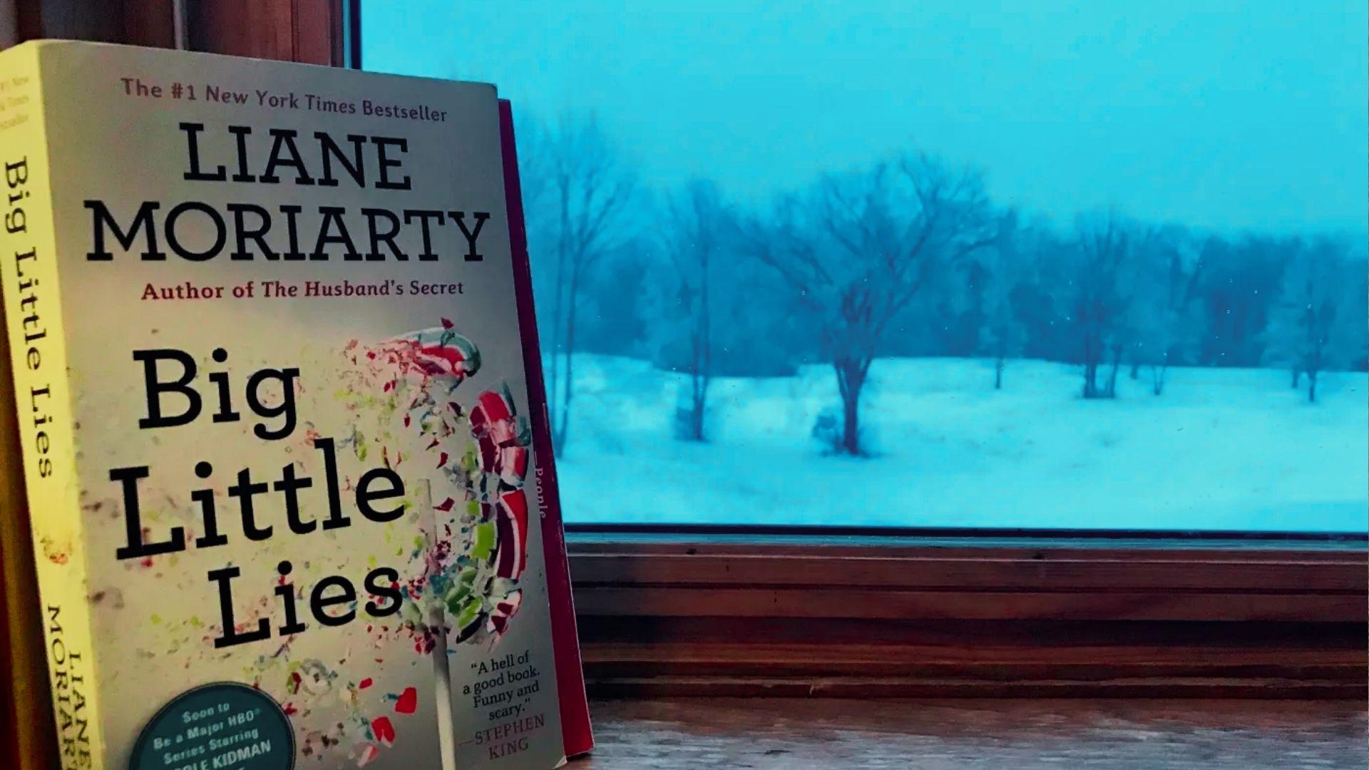 A book rests on a window sill, with a serene snow-covered landscape visible in the background.