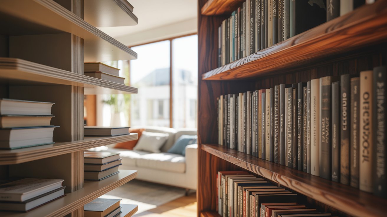 Side by side plywood and solid wood bookshelves showing structure grain strength and design differences
