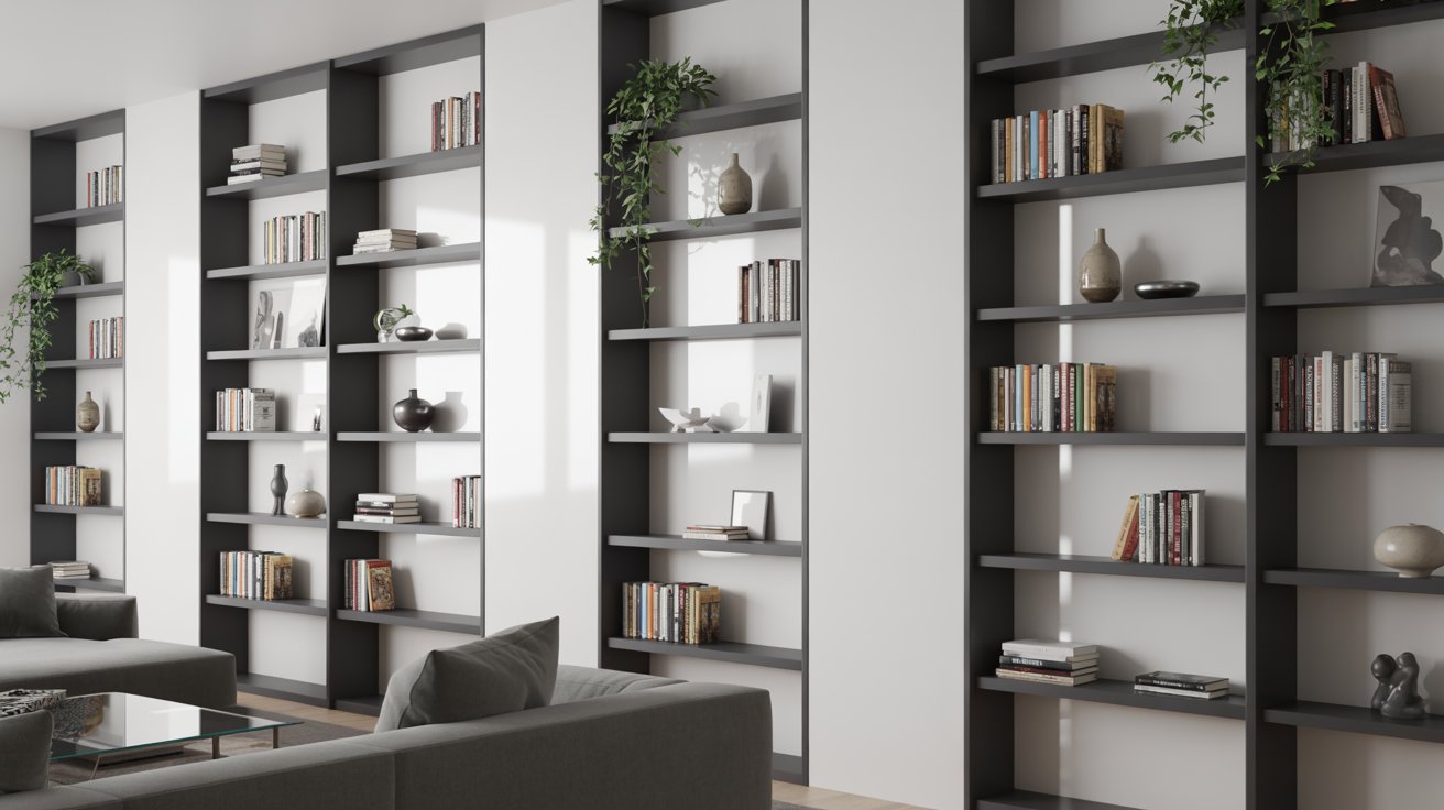 "Modern floor-to-ceiling black frame bookshelves contrasting beautifully with light walls in a contemporary living room."