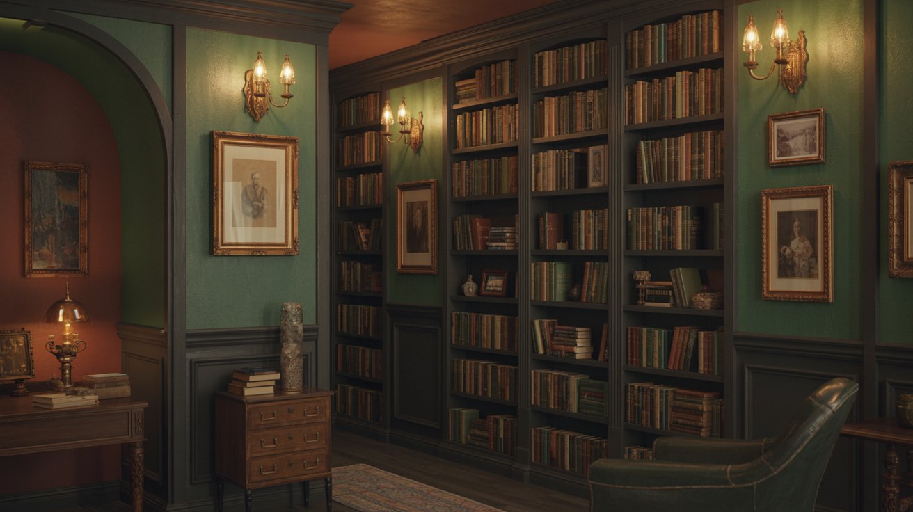 "Dark academia library with moody green walls, wooden bookshelves, and warm lighting"