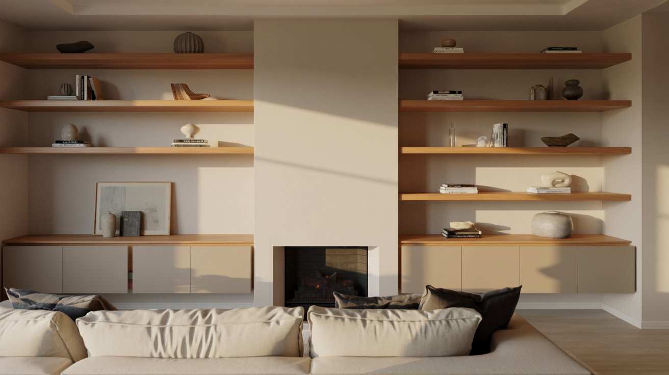 "Floating shelf hybrid built in bookshelves around a fireplace in a modern airy living room."