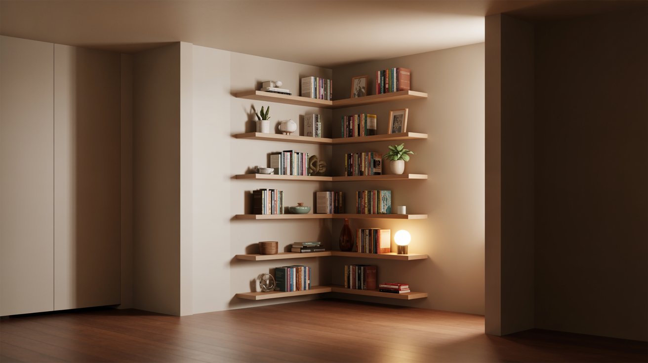 Compact corner bookshelf neatly placed holding books decor in small cozy functional room space