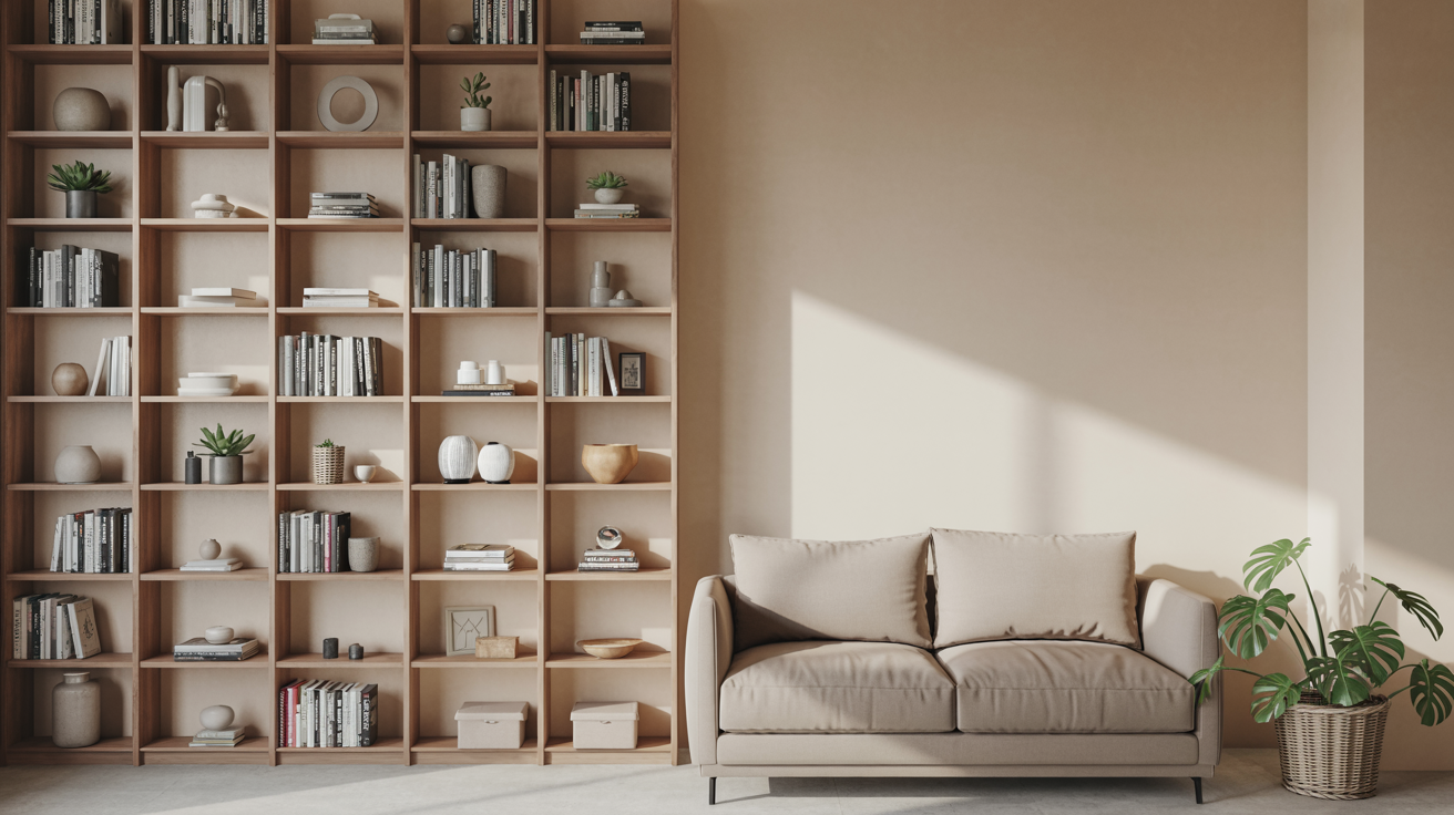 Small living room with tall bookshelf, organized decor, cozy seating, bright, spacious feel