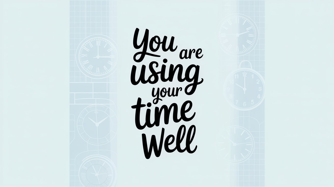 Nice black script "You are using your time Well" on light blue, with subtle clock and grid patterns behind it.