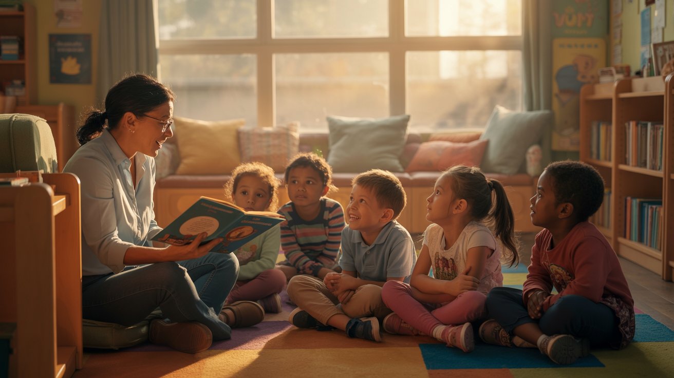 Teacher reading aloud to attentive students in classroom story session.