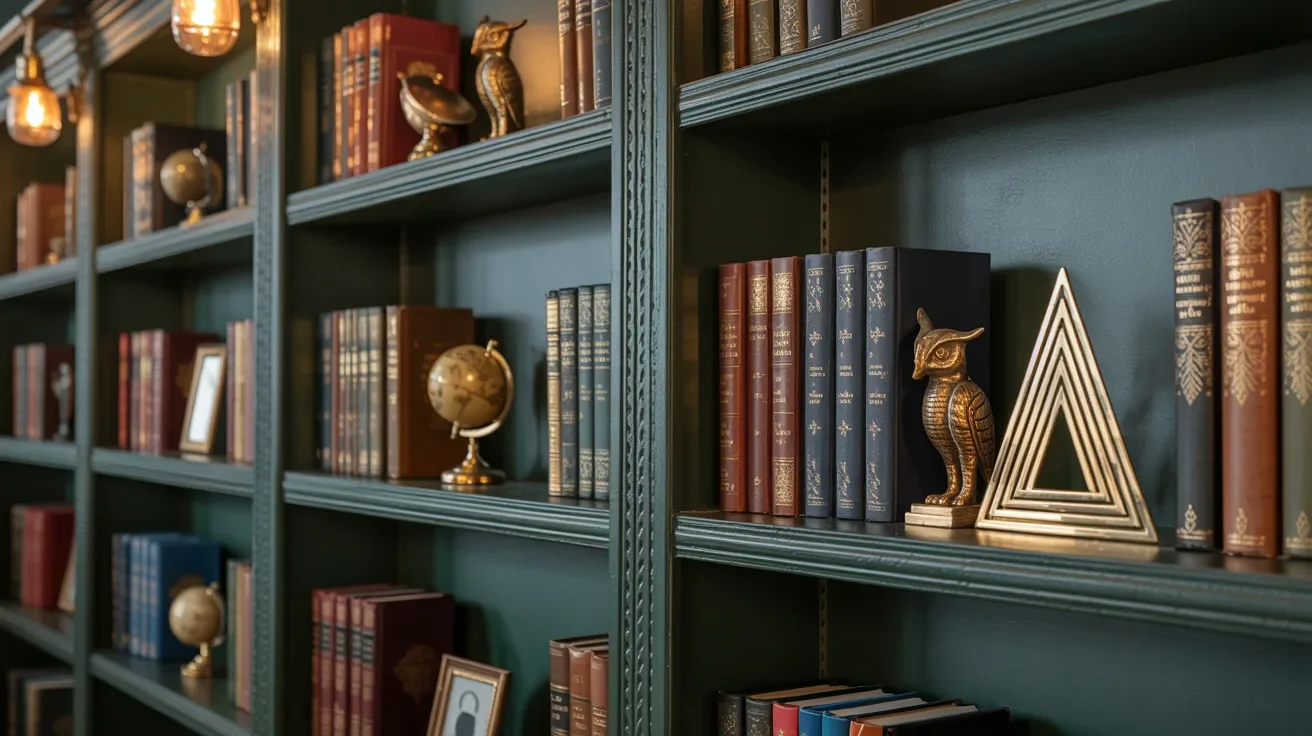 Decorative bookends holding books on dark green home library shelves with warm lighting.