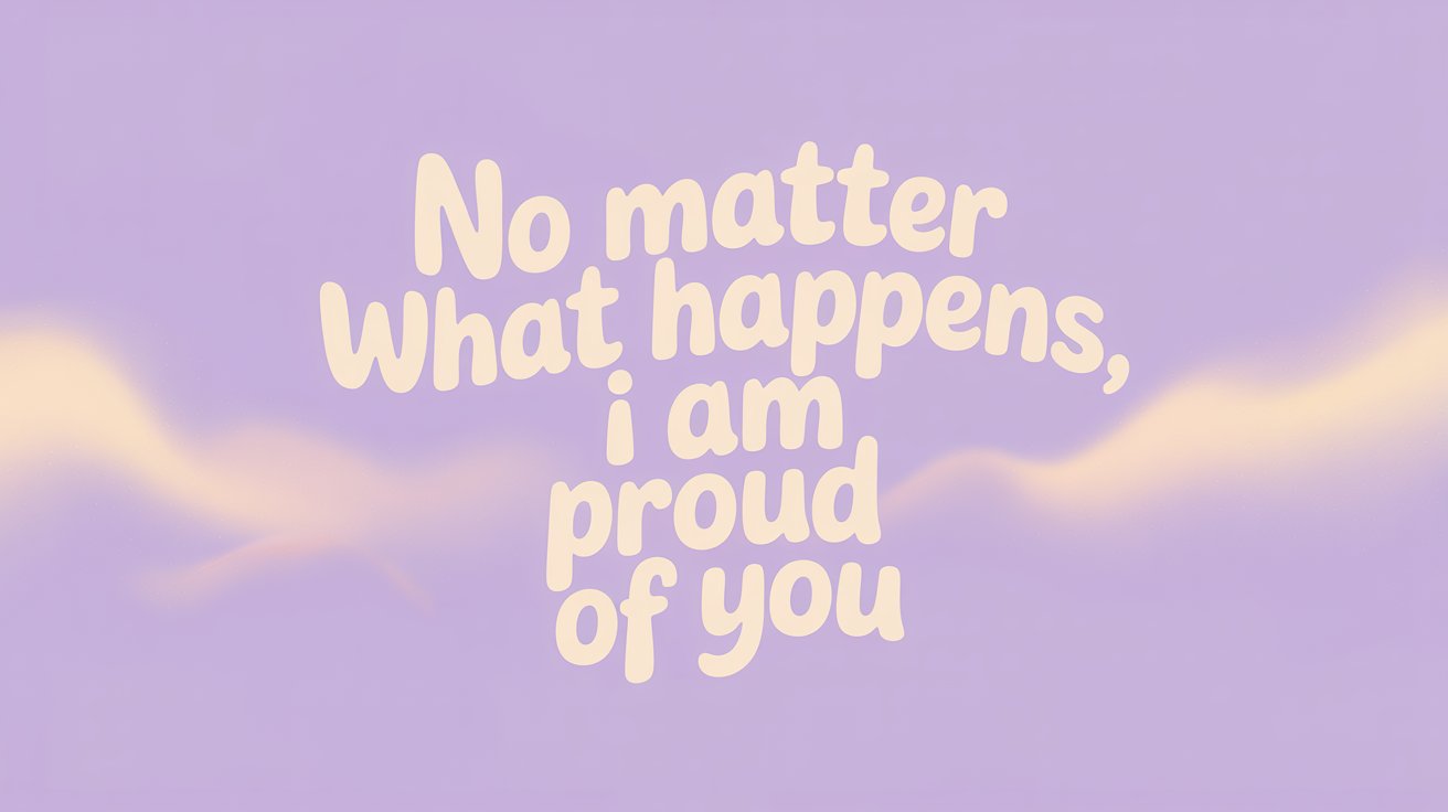 Soft cream text "No matter What happens, i am proud of you" on a dreamy lavender background with gentle yellow clouds.