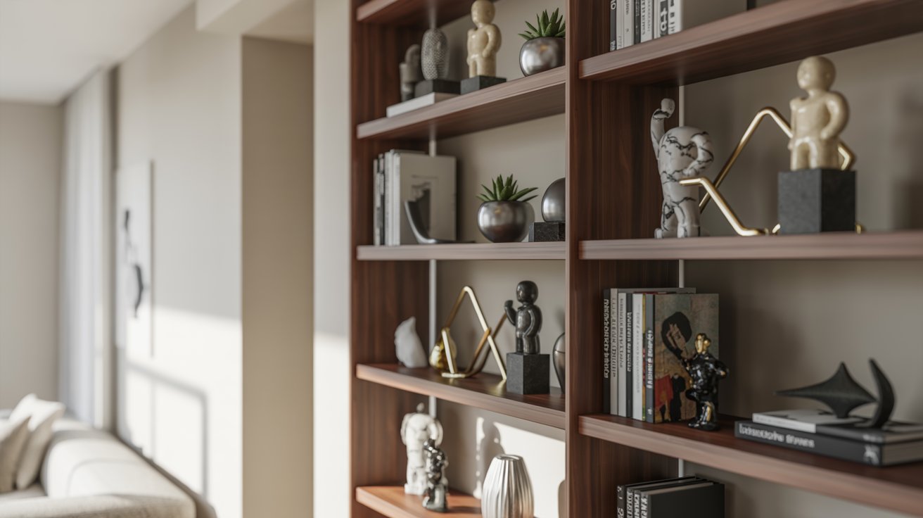 Small living room bookshelf with decor objects, art pieces, curated stylish modern interior