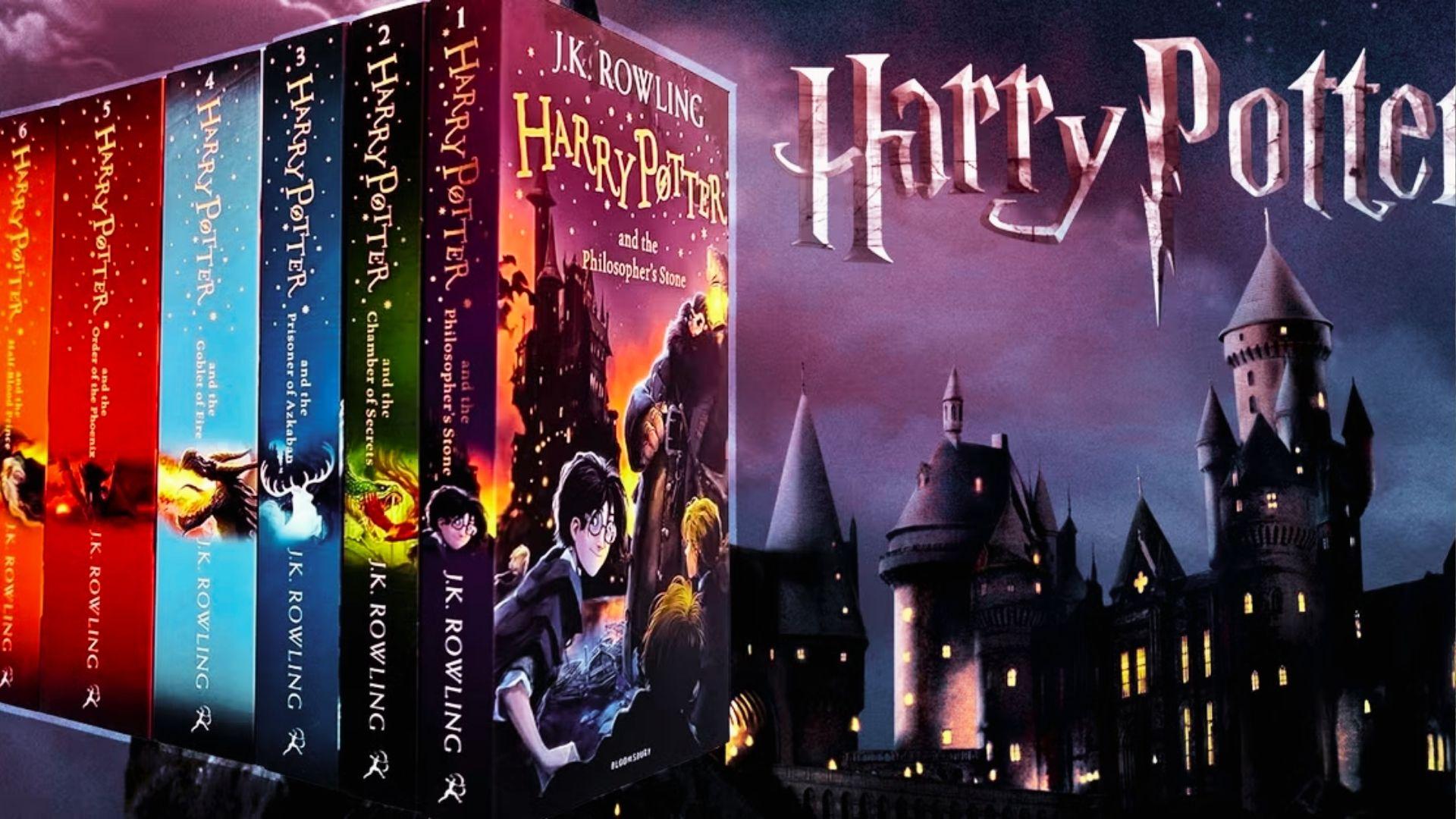 A collection of Harry Potter books is arranged in front of a majestic castle backdrop.