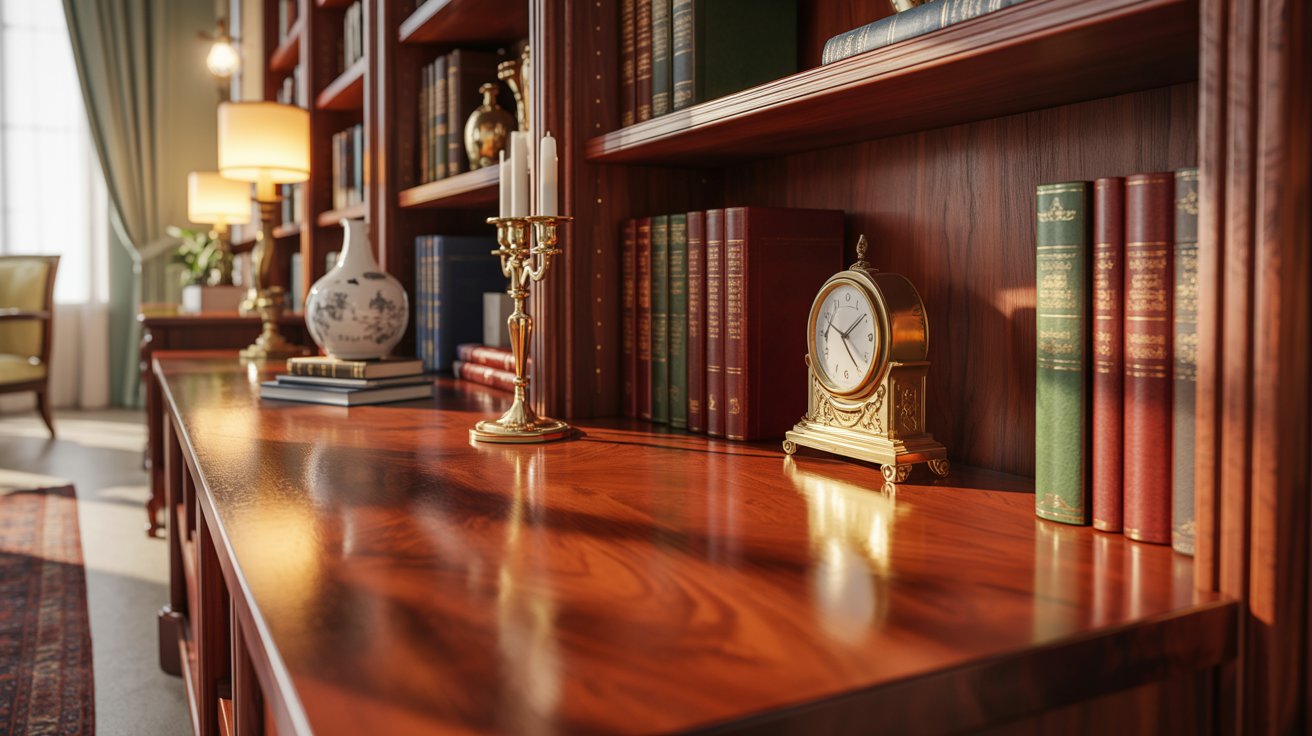 Cherry wood bookshelf with rich reddish tone in elegant traditional room setting