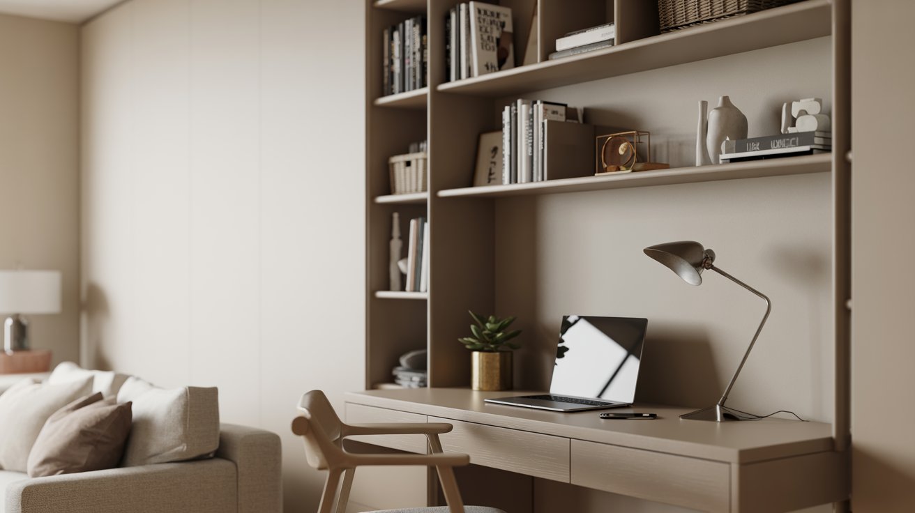 Small living room with bookshelf desk combo, compact workspace, organized modern home office setup