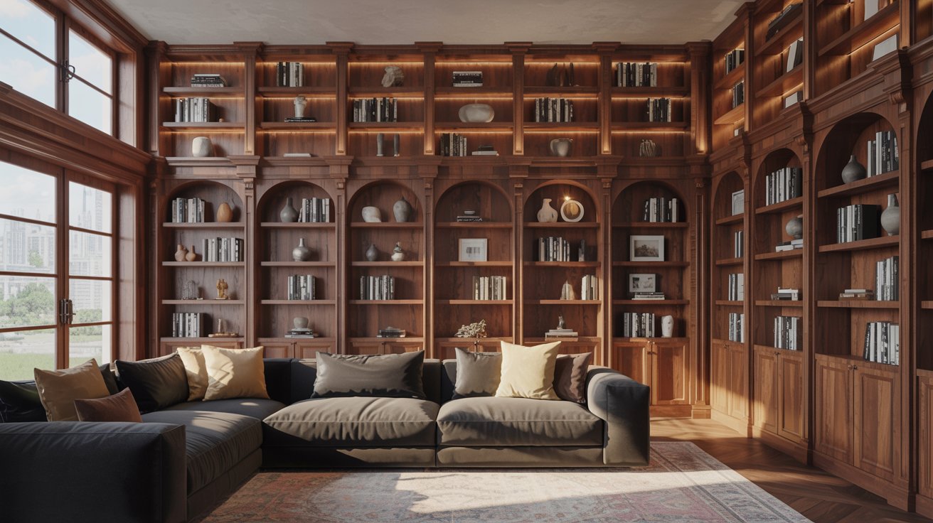 "Modern living room with floor-to-ceiling built-in bookshelves that maximize vertical space and create a warm upscale interior."