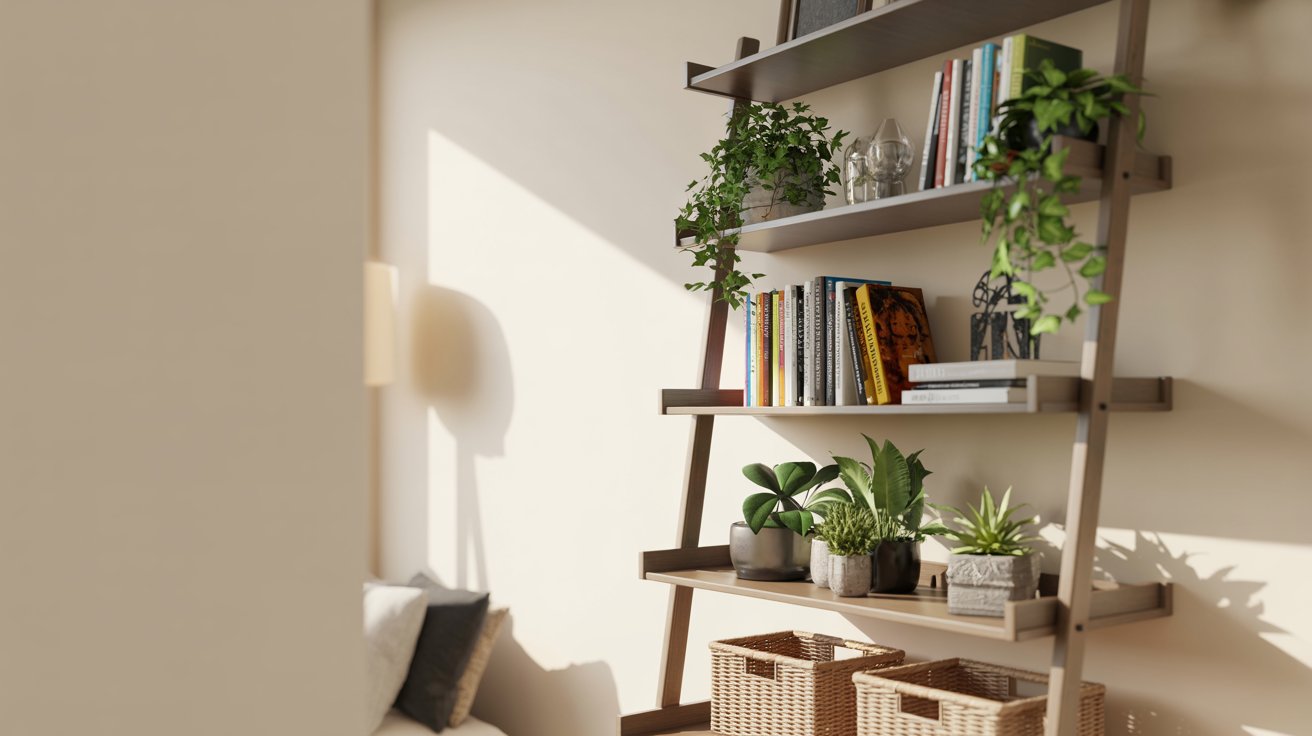 Leaning ladder bookshelf with tiered shelves holding books plants in stylish small apartment interior