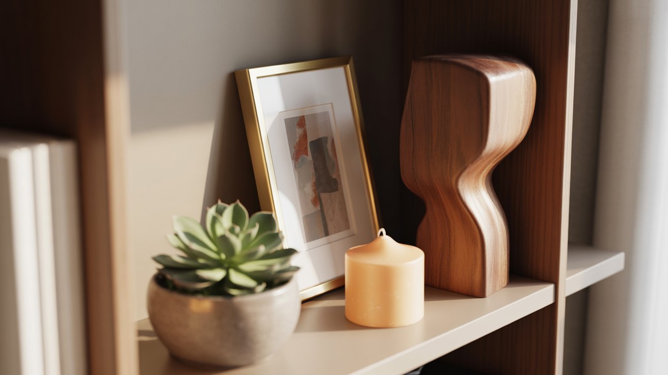 Leaning framed art with layered plant candle decor creating depth on modern styled bookshelf.