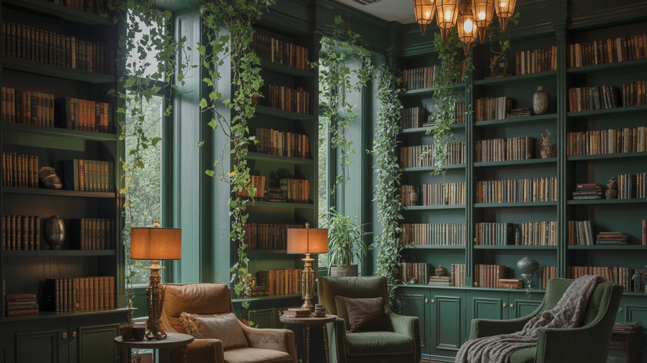Hanging ivy plants cascading in dark green home library creating natural decorative flow.