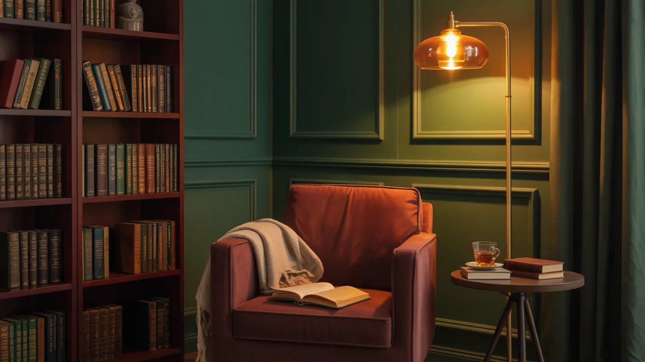 Brass floor lamp lighting a cozy reading corner in dark green home library.
