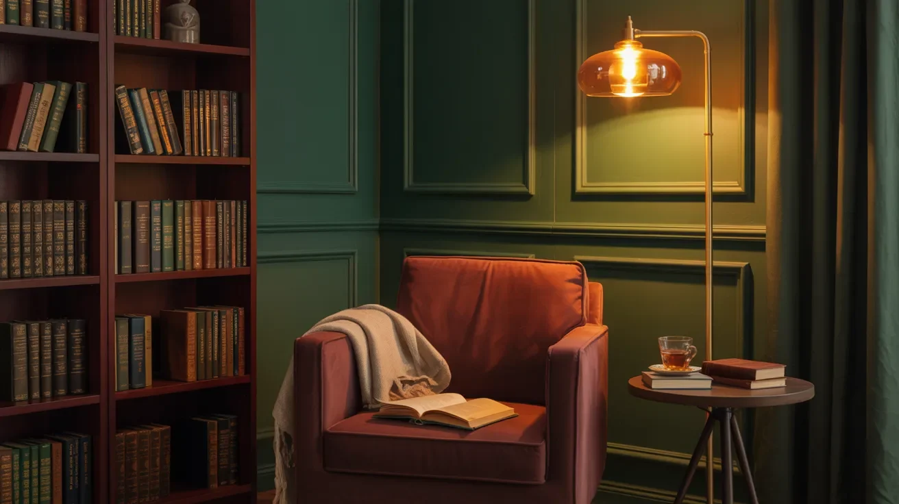 Brass floor lamp lighting a cozy reading corner in dark green home library.