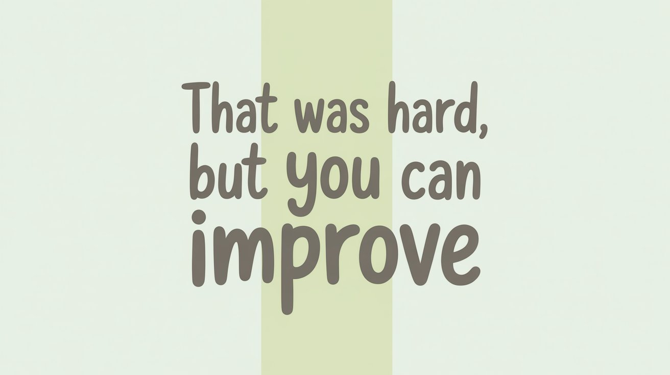 Gray text "That was hard, but you can improve" centered on a pale mint background with a light green stripe.