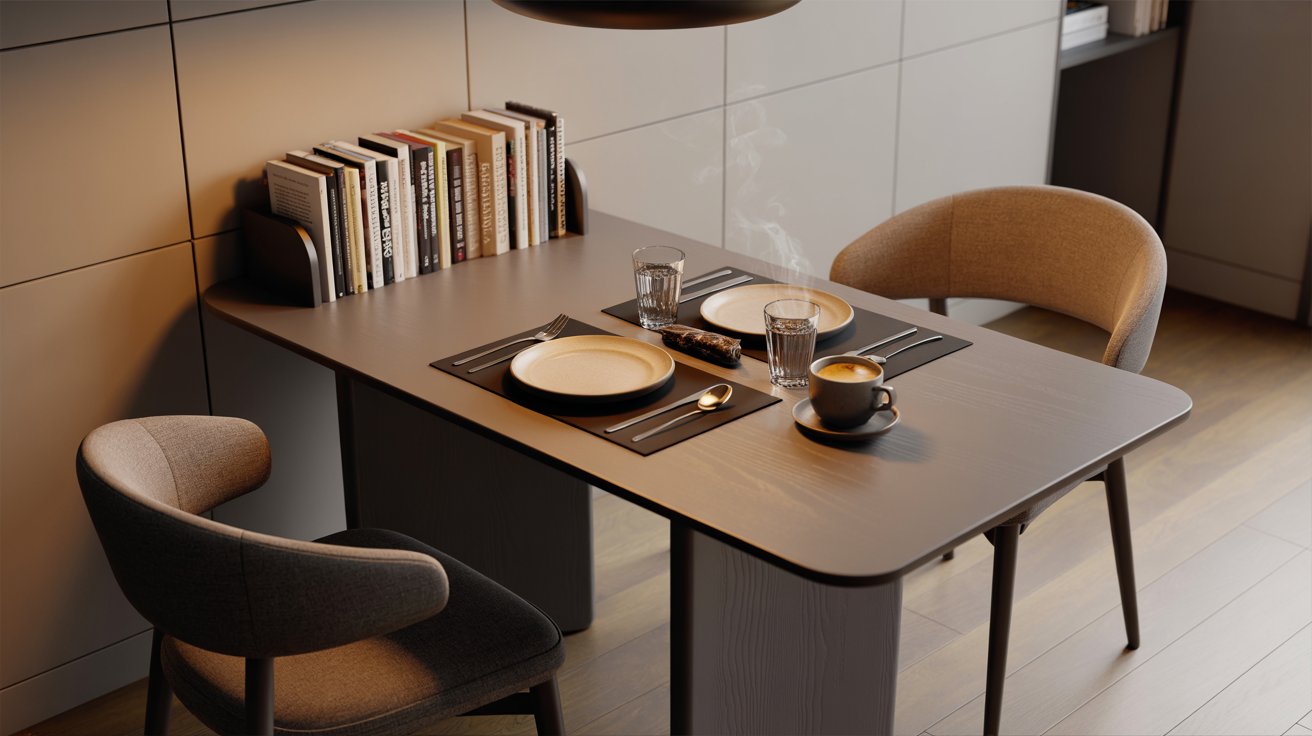 Dining table used for meals and reading with books, clean setup, and practical multifunctional design