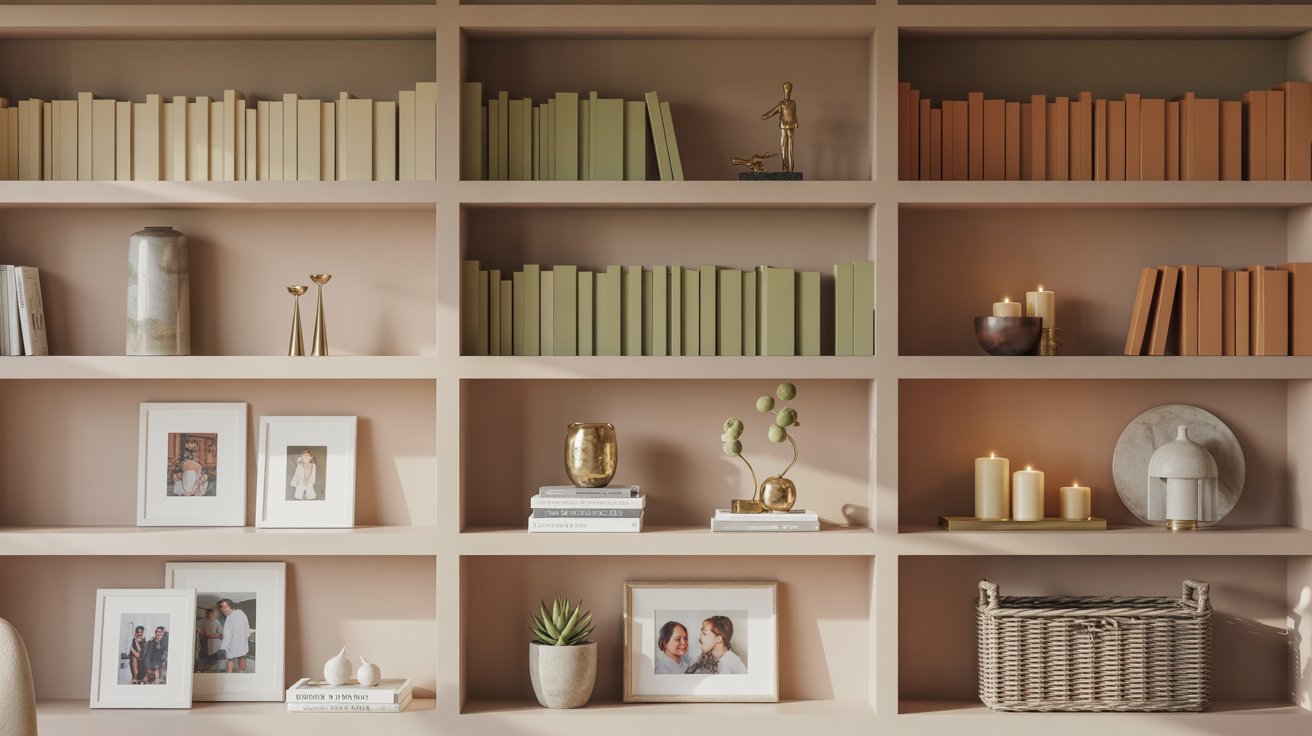 Balanced bookshelf with color grouped books decor plants sculptures and cozy warm natural lighting styling.