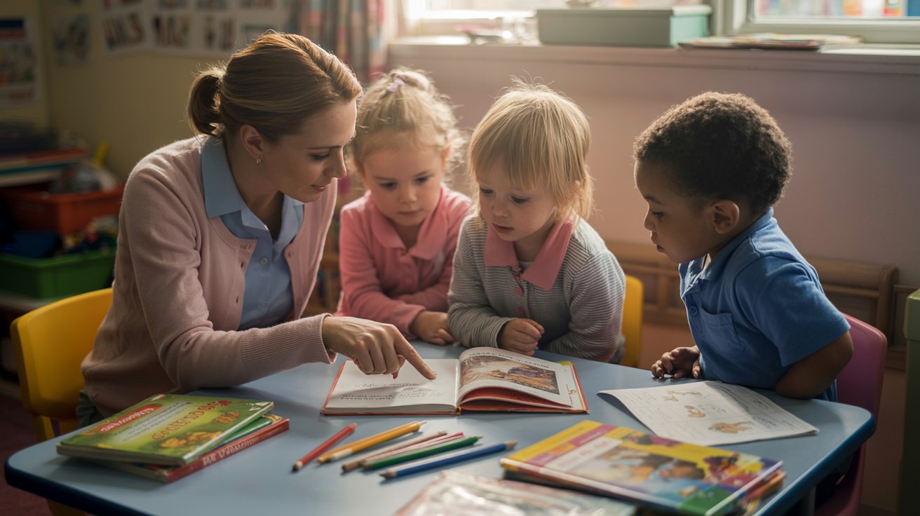 Teacher guiding small group of students in focused reading session.