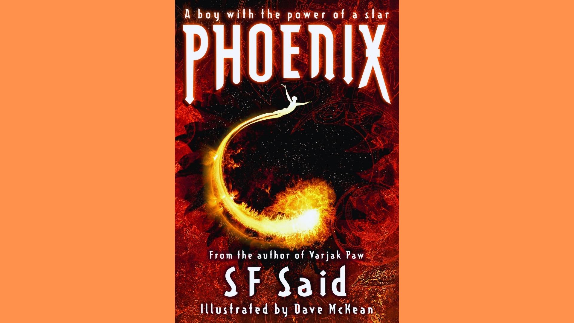 Phoenix by SF Said cover with glowing fiery phoenix shape and floating boy silhouette against red.