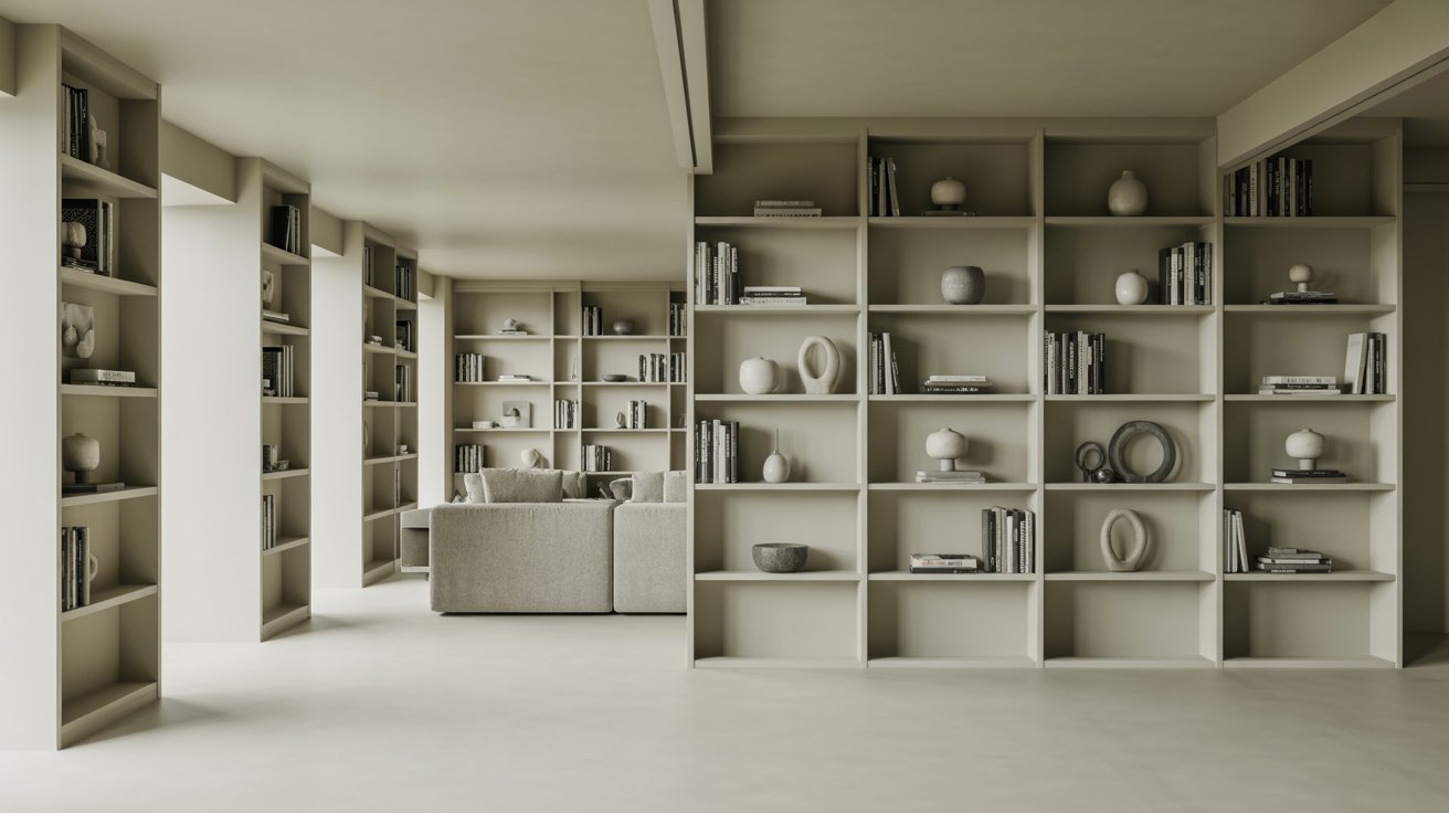 "Floor-to-ceiling built-in bookshelves painted to match the ceiling, creating a seamless and cohesive modern interior design."